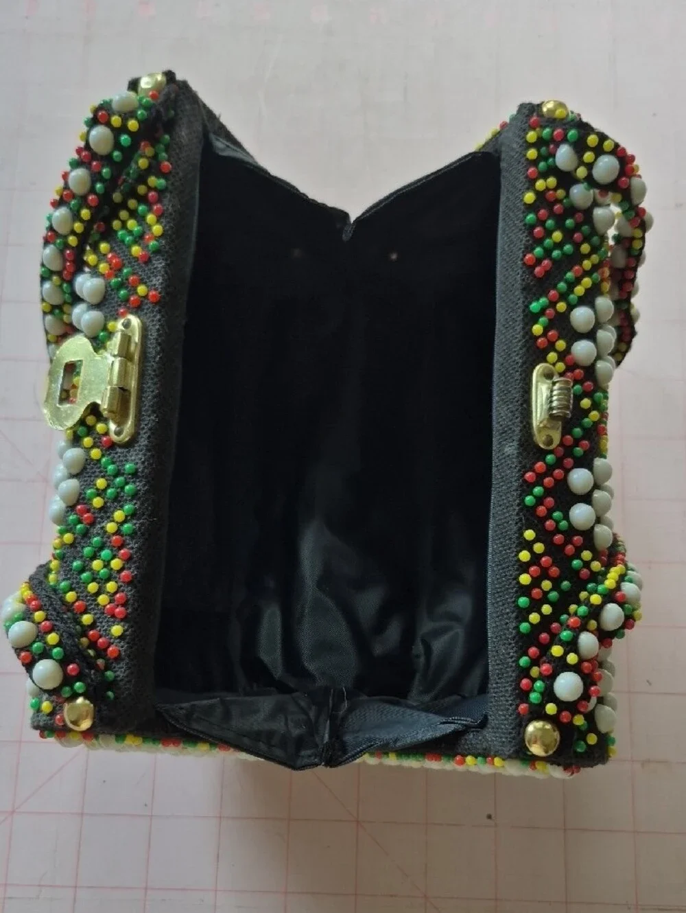 Studded Floral-Pattern Shoulder Bag in Black, White, Red, Yellow & Green